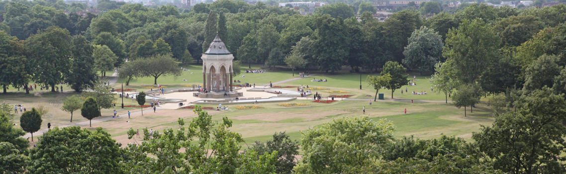 Aerial view of Burdett Coutts field including the Burdett Coutts fountain